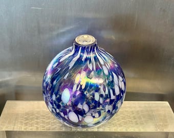 Vintage Iridescent Handblown Glass Globe Candle Oil Lamp | Blue White Silver Confetti Decorated