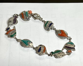 Vintage Coleman Co Fish Bracelet | Vintage 1980s | 925 Sterling | Gemstones