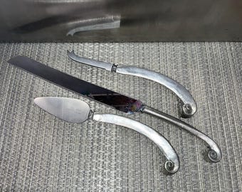 Utensils for Entertaining — Bread Knife and 2 Cheese Knives  | Pewter with Stainless Blades  | Artistic Stylized Designs | Vintage 1990s