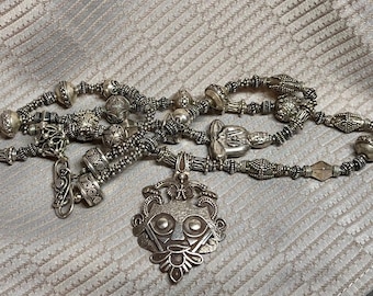 Vintage Mask Pendant Necklace | Bali Silver | Articulated Beads | Marked 925 Sterling | 1990s | Made in Indonesia
