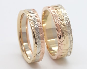 Hand Made Hawaii Wedding Ring, 14K Solid Gold Engagement Ring, Hawaiian Gifts, Three Tones Rainbow Ring, Custom Order , 4.5mm & 7.5mm