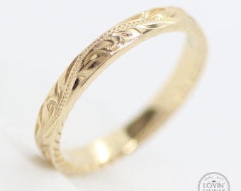 Anillo de bodas con flores hawaianas, anillo de compromiso de oro macizo de 14 quilates, anillo con motivos naturales de Hawái, anillo grabado a mano, regalos hawaianos, 2,5 mm de ancho