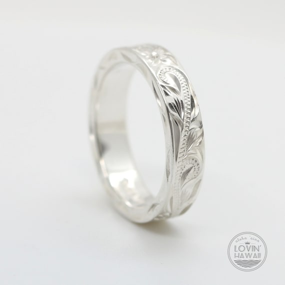 Handmade Sterling Silver Hawaiian Scroll Ring, Maile Leaf Wedding