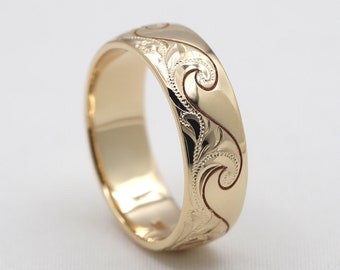 Wave Ring From Hawaii, Made of Solid 14K Gold, Hand Engraved With Ocean Wave Design (8mm Width, Dome Style)