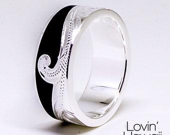 Ocean Ring, Handmade Ocean Wave Ring with Black Enamel, Unique Design Ring Hawaiian Gifts,  8MM Width