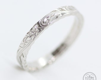 Anillo de bodas hawaiano, delicado anillo de bodas, alianzas hawaianas, anillo de bodas con flores, anillos de bodas de oro macizo, 2,5 mm
