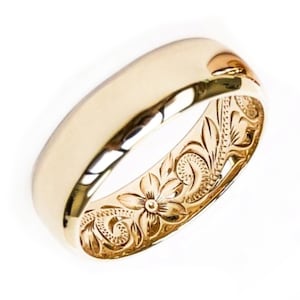 Hawaiian Ring, Hawaiian Wedding Band, Flower Wedding Ring, 14K Solid Gold Hawaii Wedding ring, Boho Ring Set - 6MM