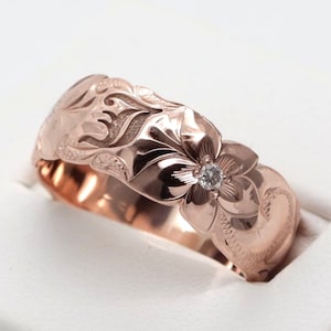 Diamond Flower Wedding Ring, Boho Wedding Ring, Hawaii Wedding Ring,  14K Personalized Jewelry, Solid 14K gold ring- 8mm