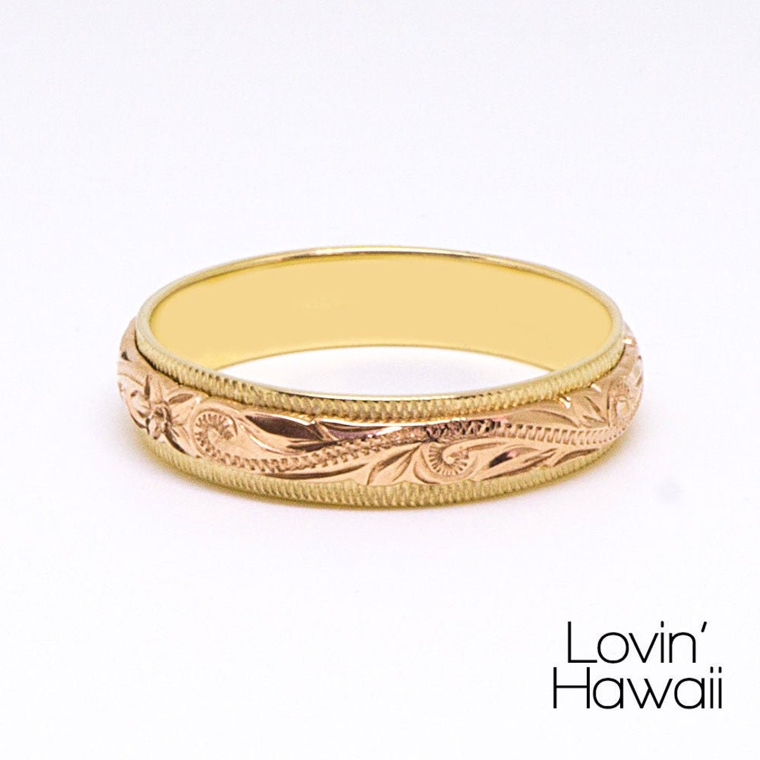 Gold wedding Ring Set of Traditional Hawaiian Hand Engraved 14k