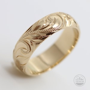 ANEL DE OURO HAWAII - Anel Floral Havaiano - Aliança de Casamento Floral - Anel de Noivado de Ouro - Anel de Ouro Maciço - Presente de Dia dos Namorados - Largura de 6 mm