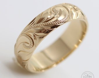 ANILLO DE ORO HAWAII - Anillo floral hawaiano - Alianza floral - Anillo de compromiso de oro - Anillo de oro macizo - Regalo de San Valentín - Ancho de 6 mm