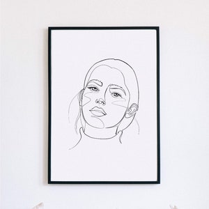 one line drawing, one line face, feminine minimalist portrait, one line hair drawing, printable one line decor, full face