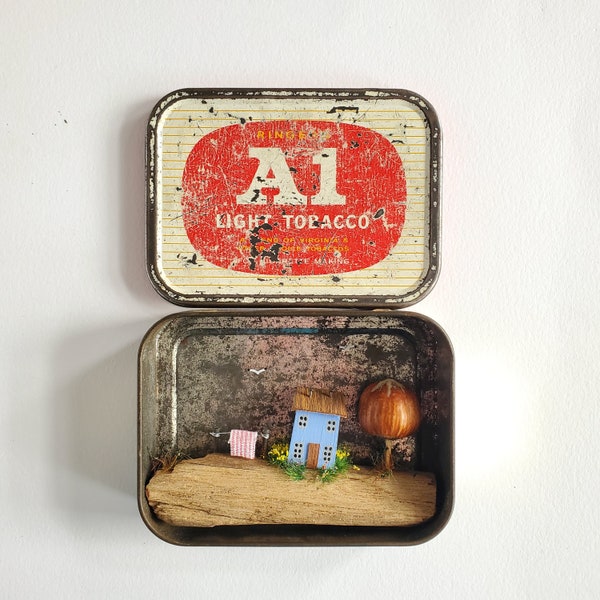 Vintage Tin Box, Mini House in Tin Box, Miniature House, Upcycle Art, Driftwood House, Upcycled Decor, Rustic Ornament