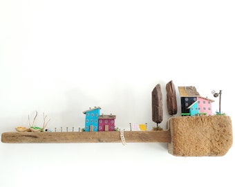 Driftwood Village, Vintage Home Decor, Driftwood Houses, Upcycle Decor, Sea Houses Scene, Small Wood Houses