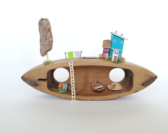 Seafront Scene on Vintage Weaving Loom Bobbin, Driftwood Houses, Vintage Home Decor, Handmade Gifts, Upcycle Art, Minimalistic Coastal Scene