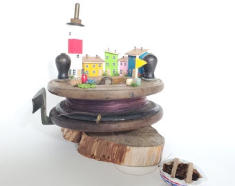 Vintage Fishing Reel, Coastal Scene, Vintage Home Decor, Driftwood Village, Driftwood Cottages, Rustic Home Gift, Upcycle Beach Art