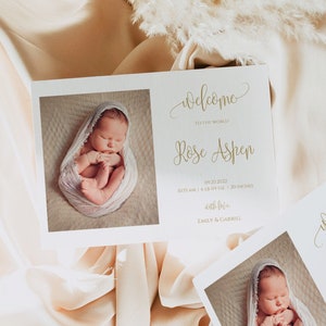 Modèle de carte d'annonce de naissance moderne avec une photo. Carte postale imprimable baby shower modifiable 8000