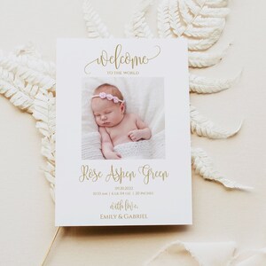 Minimalistic baby girl announcement template with a photo. Editable and printable baby shower gold postcard 8000