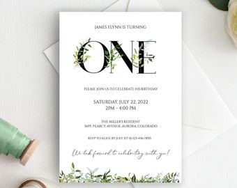 First Birthday Invitation For Boys And Girls, Greenery 1st Birthday Invite, Editable Birthday Template, Digital Invitation, Turning One,8025