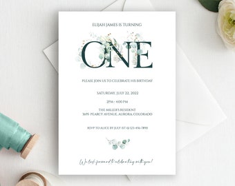 First Birthday Invitation Printable, Editable Birthday Invitations for Boys, Birthday Invitation, Instant Download, Greenery Birthday, 8104