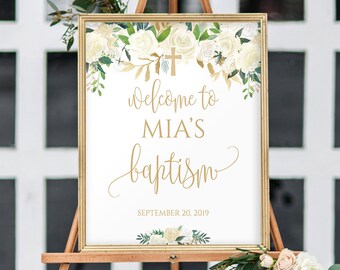 Baptism Welcome Sign, Personalized Baptism Print, Custom Baptism Sign, Gold Baptism Decor, Christening Party Printables, Baptism Party, 8003