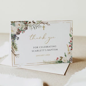 May include: A white thank you card with a gold border and a floral design. The text reads "Thank you for celebrating Scarlett's Baptism January 5, 2024".