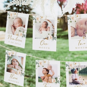 1st Birthday Photo Banner, First Birthday Photo Banner, Monthly Milestone Photo Cards, First Birthday Decorations, Gender Neutral, 8012