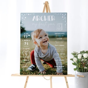Plantilla editable del signo del hito del primer cumpleaños, cartel del hito de la foto del primer cumpleaños, tablero del bebé de un año, letrero del tablero del bebé de un año, 8128