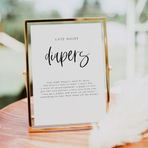 Late Night Diapers Sign Printable, Diaper Thoughts Signs Template, Modern Baby Shower Sign, Late Night Diapers Sign, Editable Template, 8096