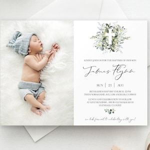 Baptism Invitation Boy, Baby Boy Baptism Printable, Christening Invitation, Baptism With Photo, Godchild Gift From Godparents, Instant  8025