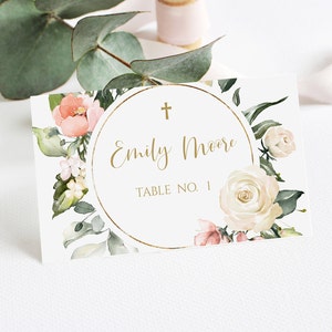 Decoración de bautismo, Plantilla de tarjeta de lugar de bautismo, Tarjetas de lugar de primera comunión, Tarjeta de lugar imprimible, Decoración de bautismo, Bautismo editable, 8034
