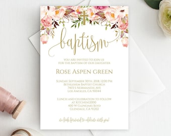 Baptism Invitation Girl, Floral Baptism Invitation Template, Pink Baptism Invite, Digital Baptism, Christening Invitation Template, 8000