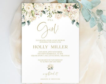 Floral Baby Shower Invitation Girl, Gold Baby Shower Invites, Printable Baby Shower Invitation, Invitation Template, It's a Girl, Baby, 8012