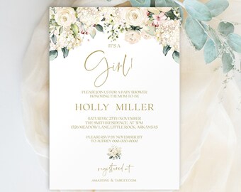 Florale Babyparty-Einladung Mädchen, Gold-Babyparty-Einladung, druckbare Babyparty-Einladung, Einladungsvorlage, es ist ein Mädchen, Baby, 8012