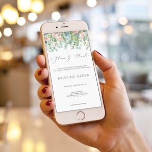 May include: A digital invitation for a shower by mail with a floral design. The invitation reads "Shower by Mail" and includes the name "Kristine Green" and an address for sending gifts.