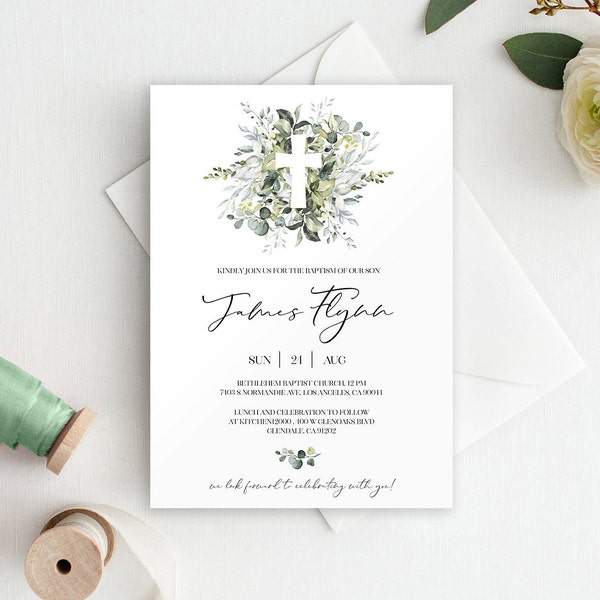 Baptism Invitation Boy, Christening Invitation, Greenery Baptism Invitation Template, Printable Baptism, Invitation  Template, Boy 8025