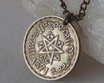 1952 Morocco 20 Francs Coin Pendant Necklace Pentagram 5 Pointed Star #108