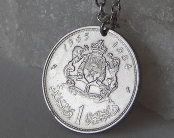 1965 Morocco 1 Dirham Coin Pendant Necklace 2 Lions #200