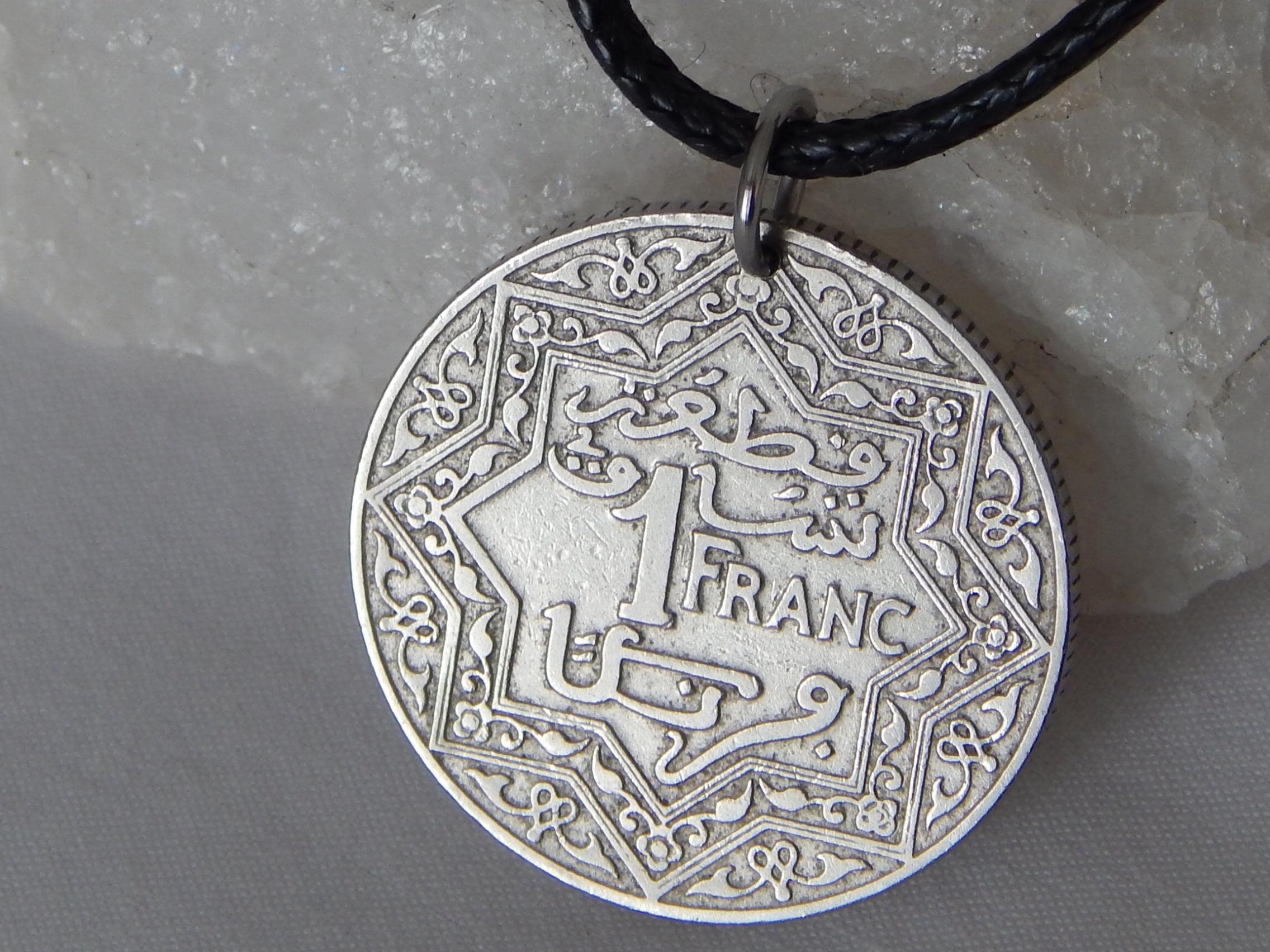 1921 Morocco 1 Franc Coin Pendant Necklace Pentagram 5 Pointed