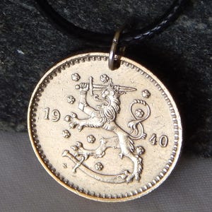 24K Gold Plated 1940 Finland 1 Markka Coin Pendant Necklace Rampant Lion with Sword #417