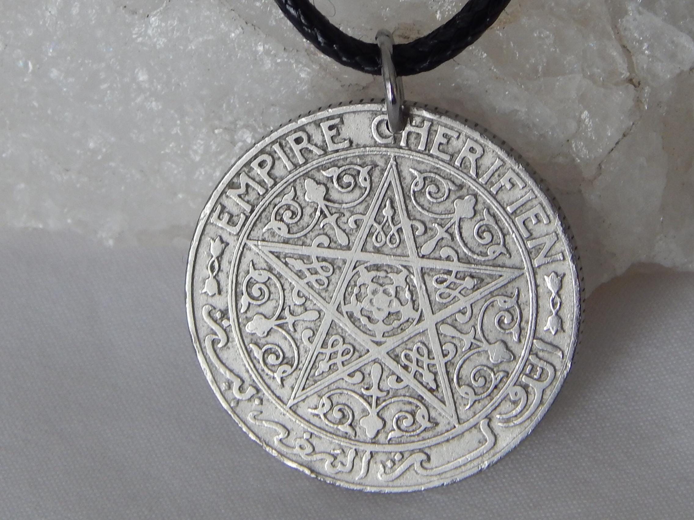 1921 Morocco 1 Franc Coin Pendant Necklace Pentagram 5 Pointed