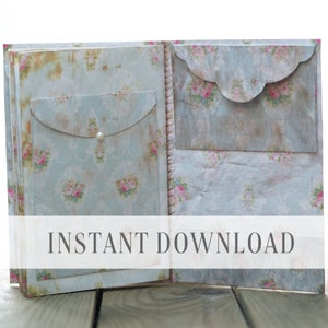 Libro di rose vintage / diario digitale con carta shabby, buste e carta intestata / download immediato / guscio d'uovo, rosa / 009
