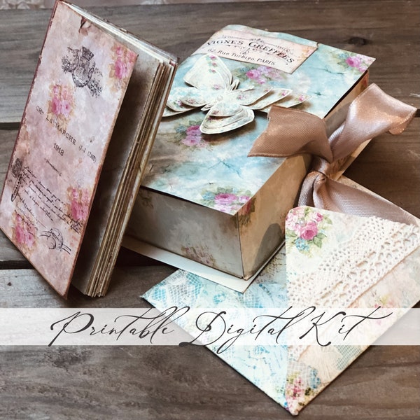 Druckbare Vintage Rosen DIY Geschenkbox & Buch / Digitales Papier Bastelset / Sofort download / By Boho Love / Nr. 137