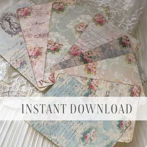 Cartes de visite imprimables vintage / minable, chic, roses, papiers victoriens à téléchargement numérique / par Boho Love / Kit no. 052