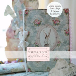 Etiqueta grande con forma de conejito de Pascua / Kit digital imprimible de efímeras / Shabby Chic, rosas / Descarga instantánea / Por Boho Love /112