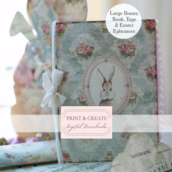 Large Easter bunny loaded tag / Ephemera printable digital kit / Shabby, Chic, Roses / Instant Download  / By Boho Love