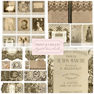 CZĘŚĆ 2 - Do druku vintage francuski dziennik koronkowy Papiery ulotne / Strony cyfrowego zestawu książek DIY / Natychmiastowe pobieranie / Przez Boho Love / 118