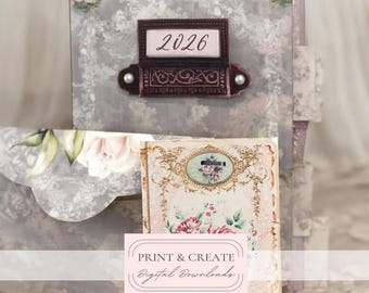 2026 Shabby roses planner printable calendar and organizer digital kit, journal book pages and ephemera / By Boho Love / 082