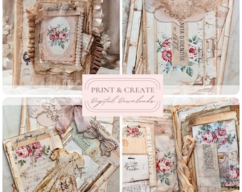 Printable ATC Layered Sample Tags Collage Papers / Easy Junk Journal Project / Roses Vintage Chic Ephemera By Boho Love / Blossom No. 180