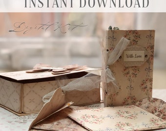 Printable Shabby roses DIY gift box & book / Vintage Ephemera / Digital paper crafting kit / Instant download / By Boho Love / No. 107